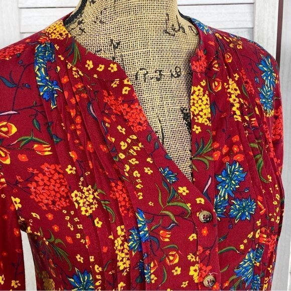 Maeve by Anthropologie Floral Pintuck Pleat Shirt Red XS - Picture 8 of 16